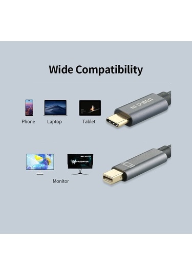 Pazly Type-c - Mini Dp Kablo 4k 60hz Usb-c Dönüştürücü, Ses Ve Video Senkron, Gri 2m Kablo
