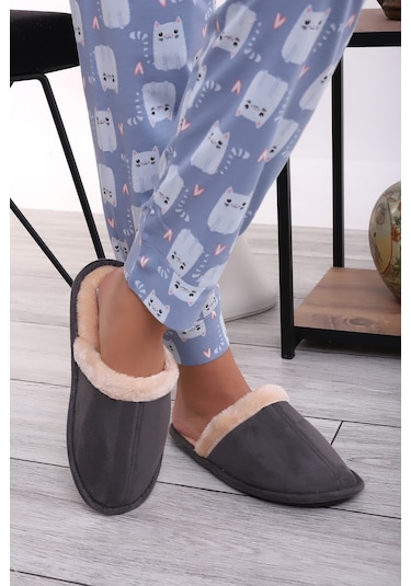 Wordex U050 Unisex Kışlık Ev İçi Terliği Kürklü Yünlü Terlik Gri