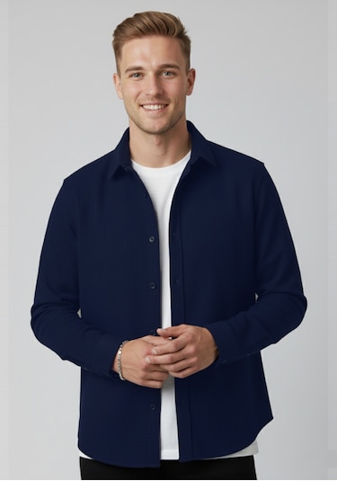 Deepsea Erkek Lacivert Kadife Fitilli Rahat Kesim Gömlek Yumuşak Dokulu Likralı Kadife Gömlek 2600758 Lacivert