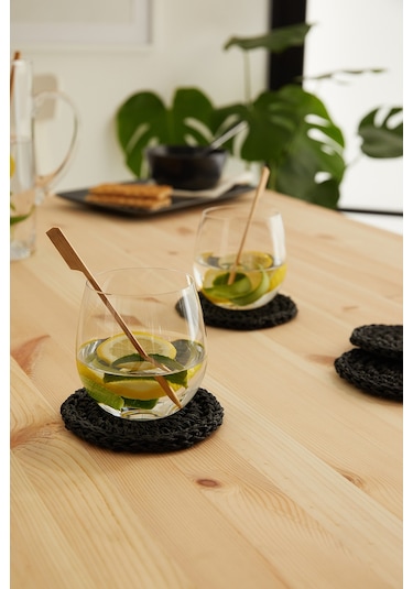 Ocean Home Textile 4'lü Siyah Renk Rafya Bardak Altlığı Ø 11 cm