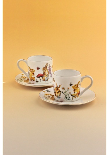 Retro Tavşan Altın Yaldızlı İki Kişilik Kahve Fincan Takımı Beyaz - Altın