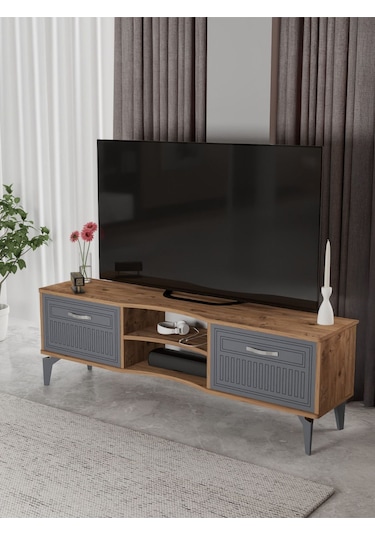 Tv Sehpası Tv Ünitesi Vera Atlantik Çam Antrasit Çizgili 5051 Kahverengi