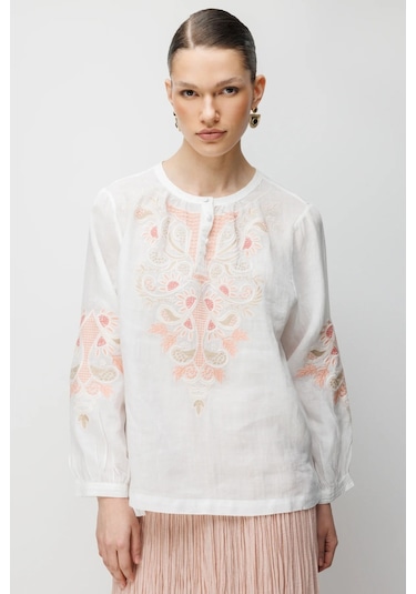 Ekol İşlemeli Sıfır Yaka Kadın Keten Bluz 26y.ekl.blz.02850.1 Ekru