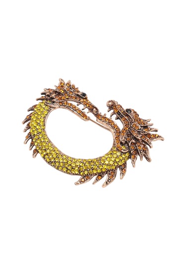 Lemestar Klassik Çin Usulü Zodyak Ejderha Broşu - Çift Başlı, Rhine Taşlı, Kuvvet Ve Şans Sembolü, Unisex Aksesuar, Pembe Altın Rengi Çok Renkli