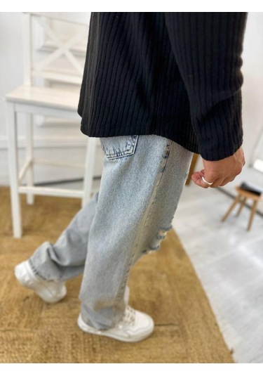 Uzun Kollu Tişört Fitilli Bisiklet Yaka Yumuşak Dokulu Tüylenmez Pamuklu Kazak Sweatshirt Siyah