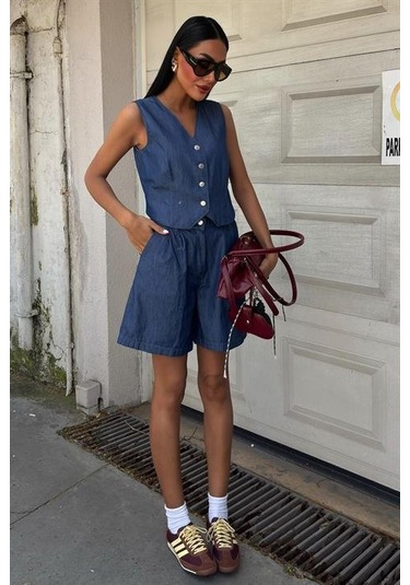 Gümüş Düğmeli Yelek Ve Şort Tensel Takım 10174 Koyumavi