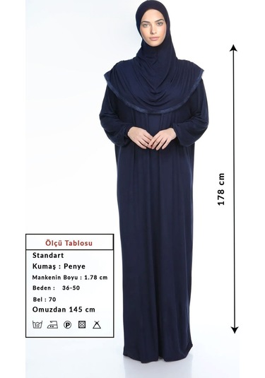 Kadın Tesettür Pamuklu Başörtülü Namaz Elbisesi Dantelli Tek Parça Penye Kumaş Lacivert Lacivert