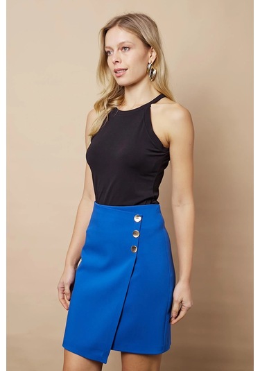 Kadın Arkadan Fermuarlı Düğme Detaylı Hafif Likralı Kumaş Diz Üstü Kalem Etek-saks SAX