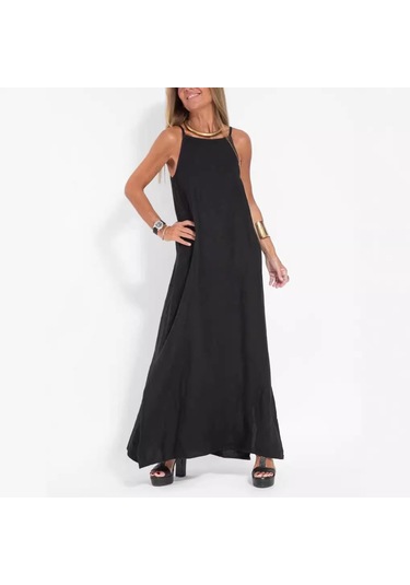 Bahar Ve Yaz Kadın Modası Rahat Pamuklu Yarık Askılı Elbise Siyah