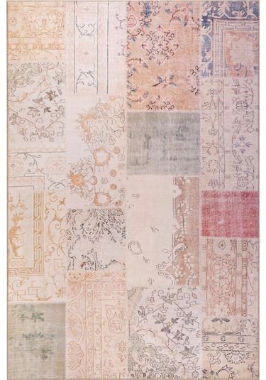 Folk Patchwork Desenli Dokuma Taban Dekoratif Bej Halı Ba 16