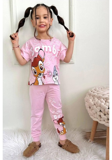 Kız Çocuk Desenli Kısa Kollu Tshırt Pijama 2'li Takım-1211 Pembe
