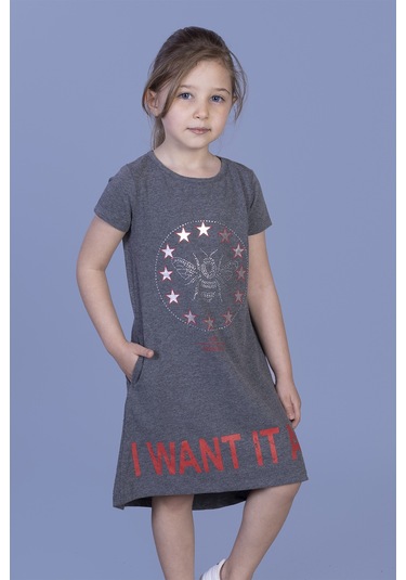 Toontoy Kız Çocuk I Want It All Baskılı Elbise Antrasit Melanj