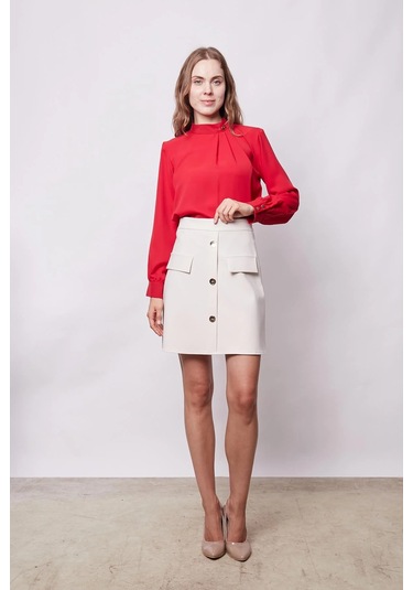 Kadın Diz Üstü Yüksek Bel Önü Düğmeli Cep Kapaklı Hafif Likralı Kumaş Çan Etek-şampanya Şampanya