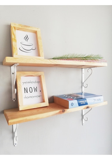 2'li Beyaz Ferforje Metal Ayaklı, Ahşap Kitaplık Duvar Rafı 50x11