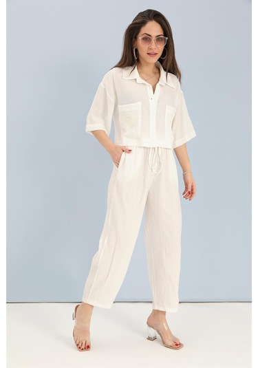Takım Nakış Detaylı Viskon Gömlek Pantolon - Ekru-ekru Ekru