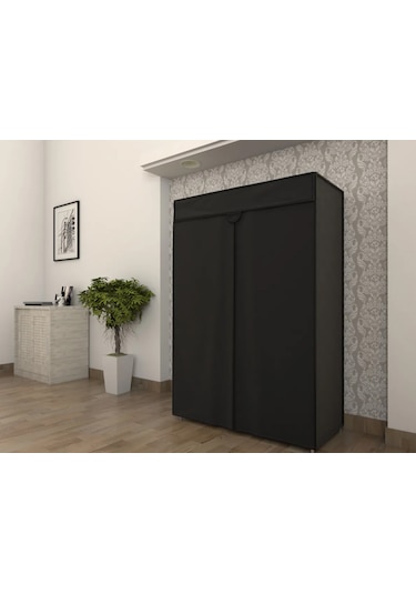 Dzgn Home Çelik Borulu Plastik Raflı Bez Dolap Gardırop - Siyah