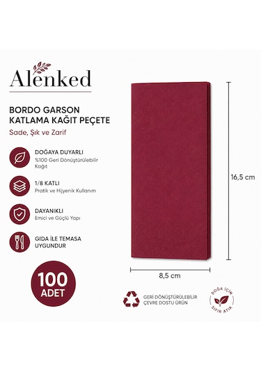 Bordo Peçete 33 X 33 Garson Katlama 100 Adet