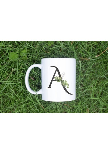 A Harf Zarif Yaprak Desenli Kupa Bardak - Naturel Sade Alfabe Harfli Bardak - Kişiye Özel Hediye Beyaz