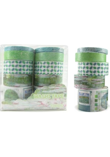 Vintage Washi Tape Bant Baskılı Yapışkanlı Maskeleme Kağıdı 45e Desenli Bant 10'lu - Yeşil Tablo 1