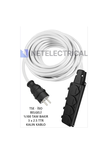 Kauçuk 4'lü 70 Metre Topraklı Grup Priz - 3x2.5 Ttr Tam Bakır Kalın Beyaz Kablo 70 Metre