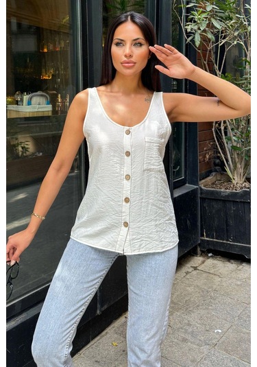 Kadın Ekru Yuvarlak Yaka Ve Düğme Detaylı, Kalın Askılı Keten Atlet Bluz Ekru