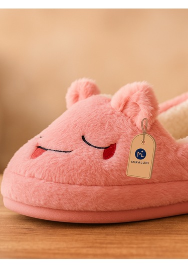 Kadın Pembe Peluş Panduf Ev Terliği Kışlık Sıcak Tutucu, Kaymaz Taban, Sevimli Tasarım Pembe