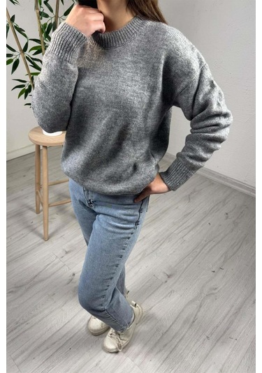 Explode - Kadın Gri Bsiklet Yaka Basic Kazak Gri