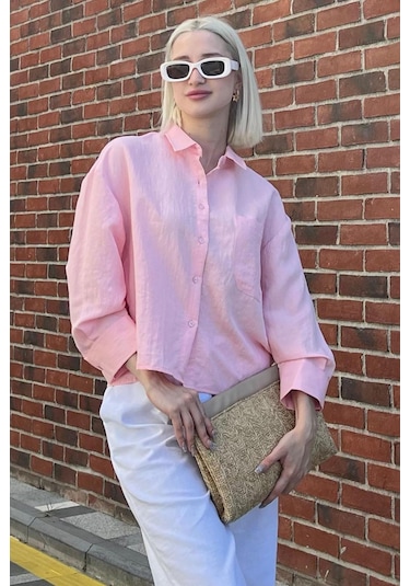 Madmext Pembe Çizgili Oversize Kadın Gömlek Mg2093-pembe Pembe
