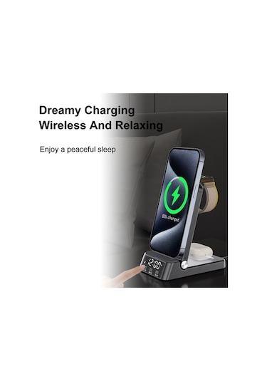 Pazly 15w 4-in-1 Manyetik Kablosuz Şarj İstasyonu, Saatli, Hızlı Şarj, Kullanışlı Tasarım