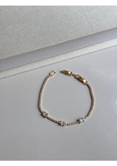 Baget Taş Detaylı Altın Kaplama Zarif Kadın Çelik Bileklik Altın