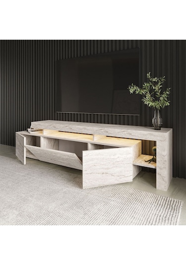 Beliz Modern LED Işıklı 3 Kapaklı, Raflı TV Sehpası – 192 cm, Traverten