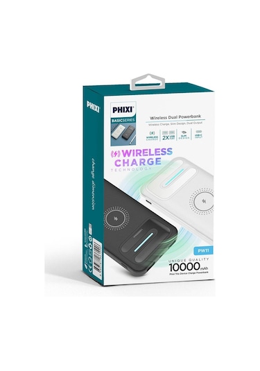 Phixi Basic PW11 10.000 mAh Wireless Şarj Çift Çıkışlı Led Göstergeli Powerbank Beyaz