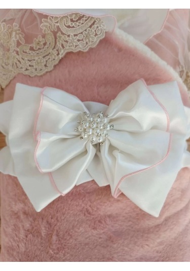 Yenidoğan Wool Yün Kumaş Taç Nakışlı Güpür Duvaklı Fiyonk Prizma Taş Unisex Kundak Bebek Battaniyesi Pembe Çok Renkli