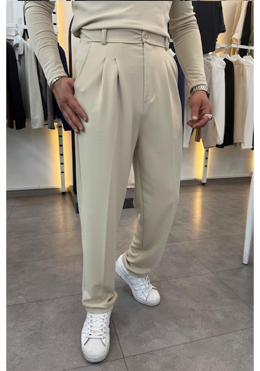 Yarım Balıkçı Pamuk Örme Likralı Esnek Rahat Kumaş Pileli Pantolonlu Takım krem