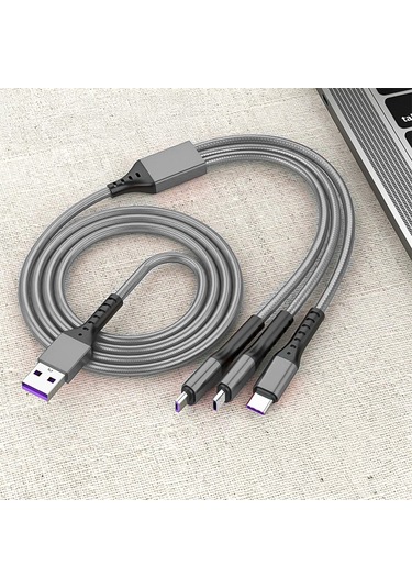 Hasır, 3 İn 1, Şarj Kablosu, Lightning & Micro Usb, Type-c, Ios, - Gri