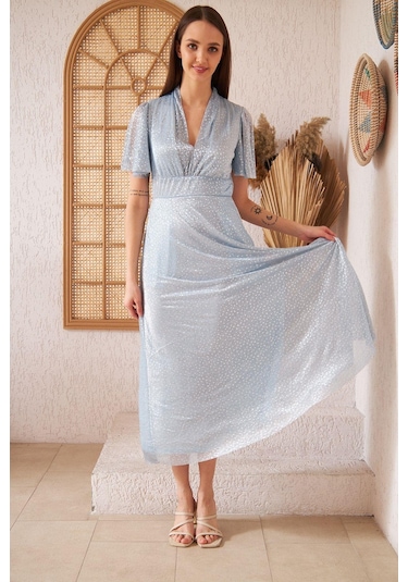 Darlin Moda Mavi Simli Tül Üzeri Gri Puantiyeli  Astarlı Abiye Elbise DM45948