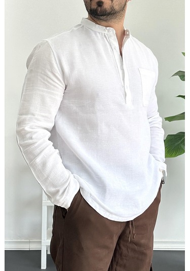 Erkek Hakim Yaka Yarım Patlı Cepli Gömlek Beyaz Edw361 Beyaz