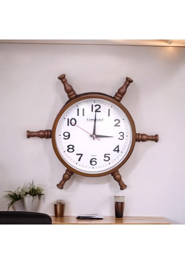 Nostaljik Eskitme Ahşap Gemici Dümen Duvar Saati Çap 35 Cm Eskitme