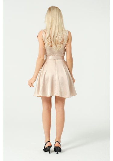 S'amore Clothing Kalp Yaka Bağcık Detaylı Mini Elbise Belce Beji