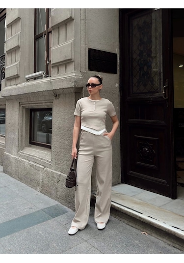 Düğme Yakalı Bej Alt Üst Takım S3943 Bej