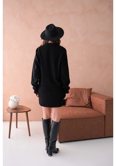 Kadın Polo Yaka Düşük Kol Kazak Kısa Etek İkili Triko Takım Siyah