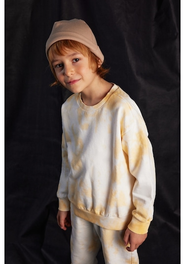 Luess Unisex Çocuk Batik Desenli 3 İplik Şardonsuz Eşofman Takımı-Sarı