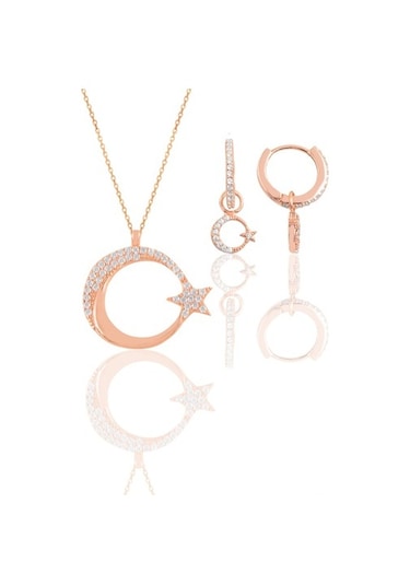 Gümüş Rose Zirkon Taşlı Ay Yıldız Kolye Ve Küpe Ikili Set