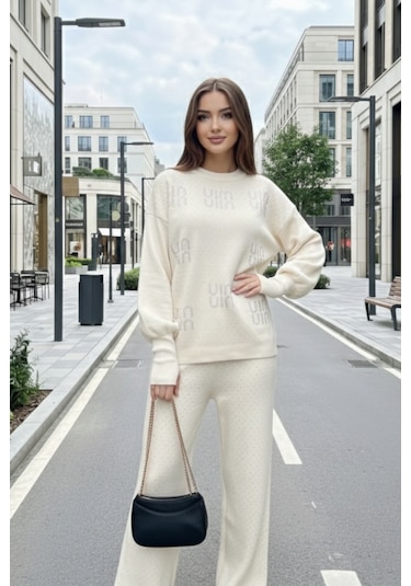 Newco Taş Baskılı Kadın Alt Üst Takım Oversize Kazak Pantolon Set Bej