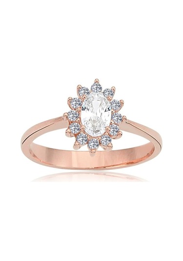 Gümüş Yüzük - 1.10 Karat Oval 0.24 Karat Swarovski Taşlı Anturajlı 925 Ayar Gümüş Hediyelik Yüzük Pembe