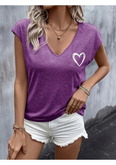 Kadın Kısa Kollu V Yakalı Kalp Baskılı Viskon Bluz Mor