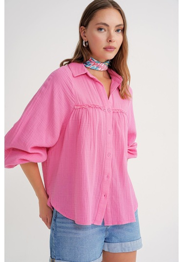 4677 Kadın Dantel Detaylı Müslin Gömlek Pembe Pembe
