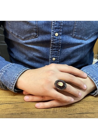 Kehribar Üzeri Hz. Süleyman Mühürlü Ay Yıldızlı Gümüş Erkek Yüzük