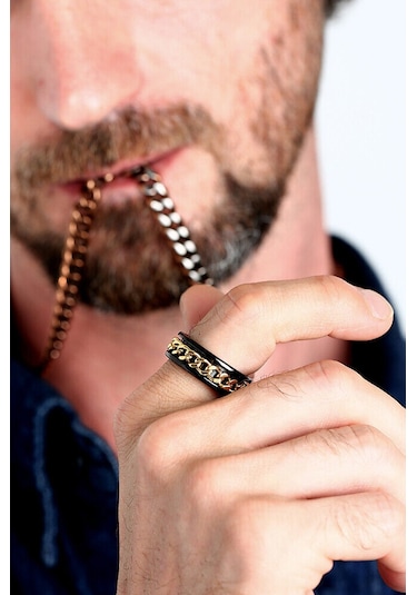 Ortası Dönebilen Zincirli Erkek Kadın Anti-stres Çelik Alyans Yüzük Cl43 Beyaz - Siyah