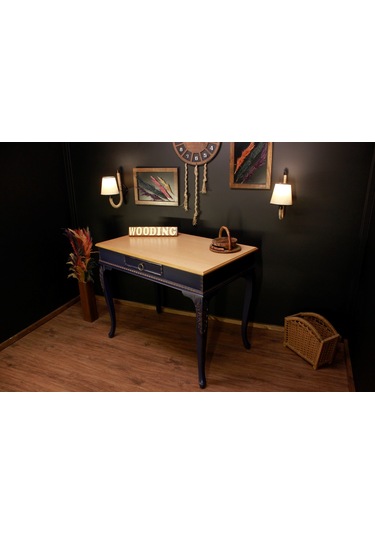 Wooding 120 Cm Masif Naturel Lacivert Oymalı Çalışma Masası